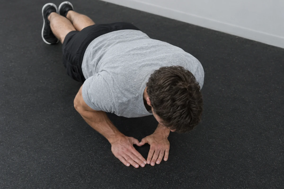 Seen from above, a man in a diamond push-up with both hands together on the floor, thumbs touching and index fingers touching so the hands enclose a triangle